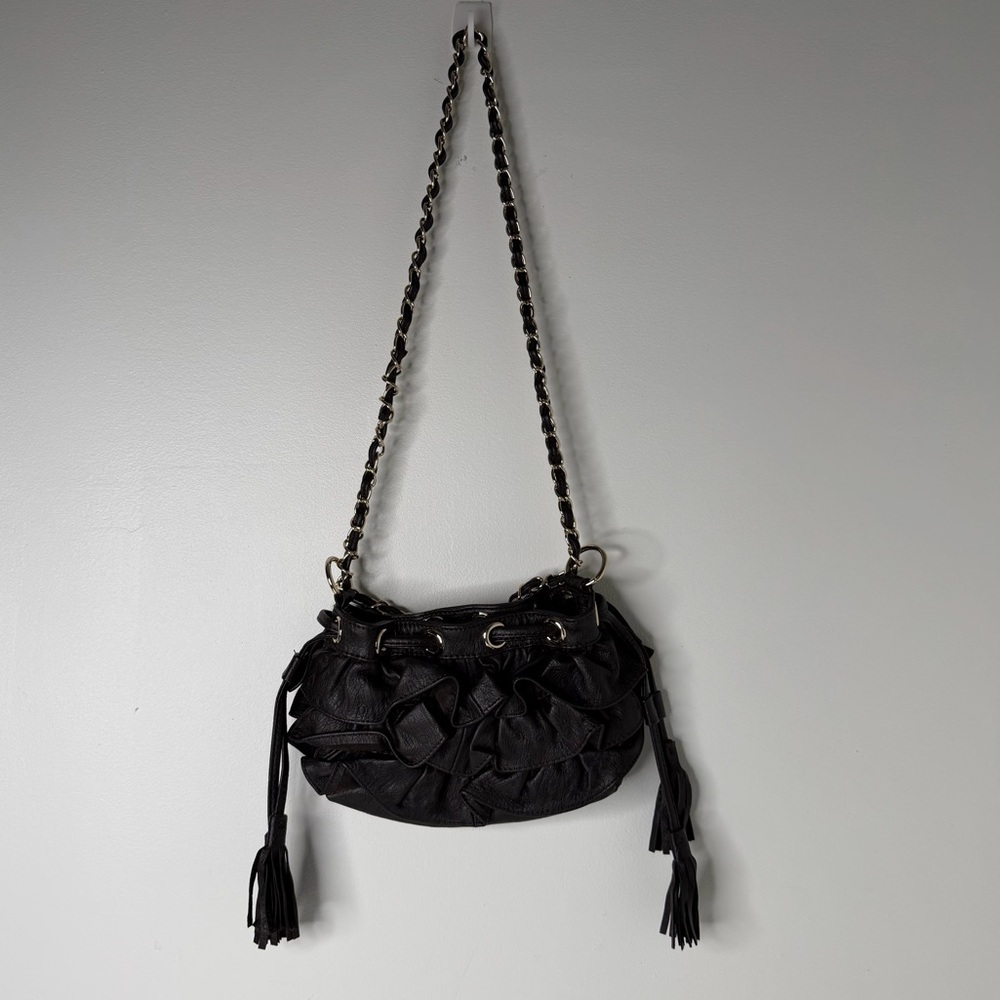 Adrienne Vittadini Black Ostrich Embossed Ruffle Hobo Bag Vintage Y2K